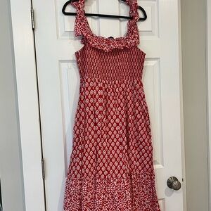 Vineyard Vines Red and White Printed Ruffle-Strap Midi Dress